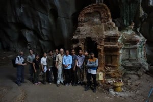 In Phnom Chhnork Cave, Cambodia, our cave workshop group photo was taken outside the 7th century Hindu temple within the cave dedicated to Shiva.