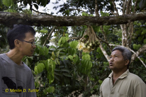 Sara interviewing a durian farmer in Thailand.
