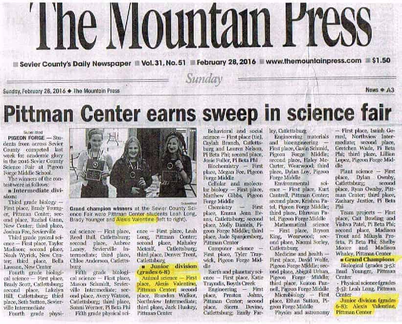 Alexis Valentine's Science Fair Newspaper Article