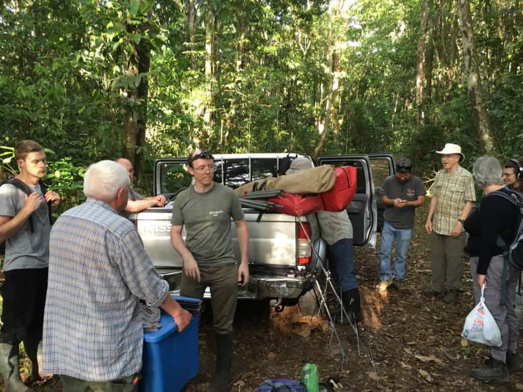 Daniel, Geoffrey and Merlin with Trinibat volunteers unloading equipment for a night of bat netting, radio-tracking and photography. Photo by Paula Tuttle