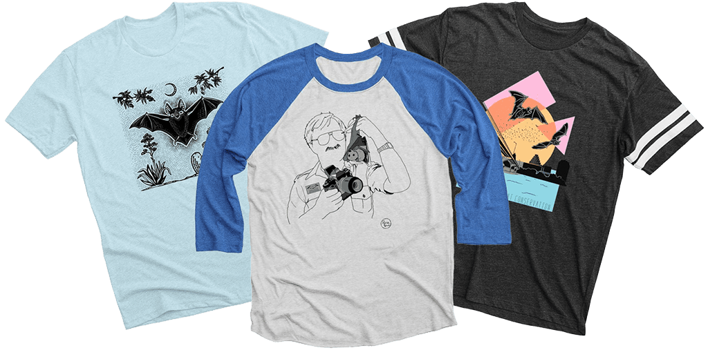 Three MTBC t-shirts in various styles and colors - all celebrating bats