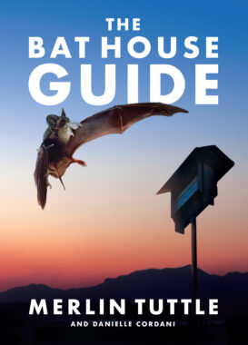 Cover of "The Bat House Guide" by Merlin Tuttle and Danielle Cordani. A flying bat approaches a bat house with a sunset behind it.