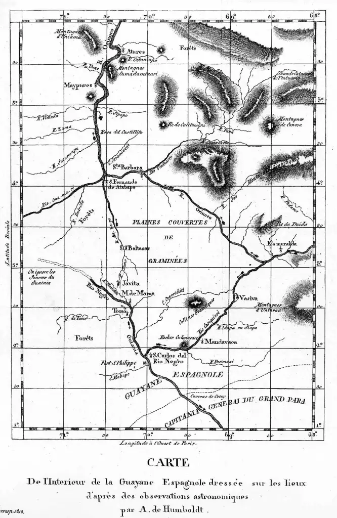 Map of Casiquiare Canal based on scientist Alexander von Humboldt's observations in 1800. Public Domain, No Copyright.